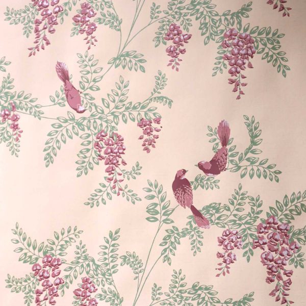 Wisteria Birds on Pink Silk Slub Custom Wallpaper